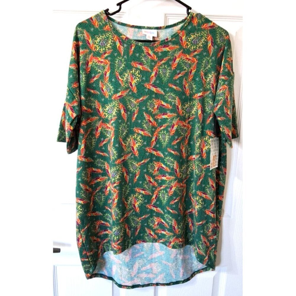 Lularoe Women's Irma Short XS Sleeve Tunic Green Feathers Paisley Print